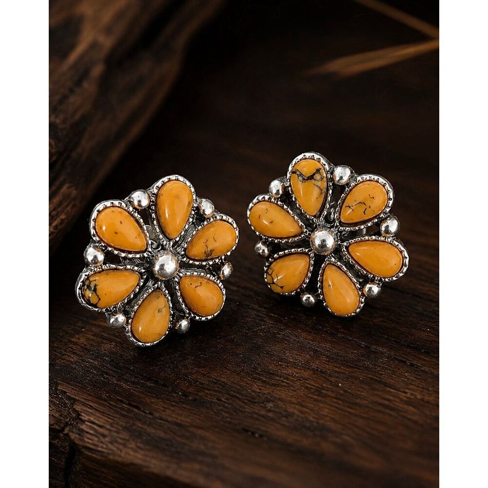 Yellow Cluster Flower Stud Earrings, Faux Spiny Oyster - Petite